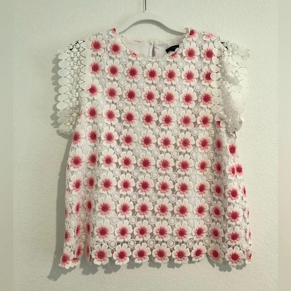 J. Crew White and Pink Floral Crochet Top Large
